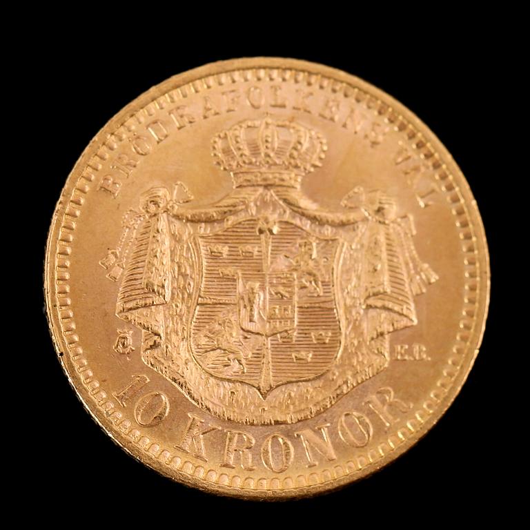 GULDMYNT, 10 kronor, Oscar II, 1901.  Vikt ca 5 gram.