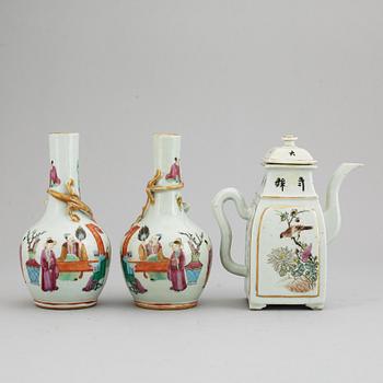 A pair of famille rose vases, and a tea pot, Qing dynasty, 19th Century and circa 1900.