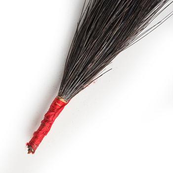 Two boxes with a mandarin's summer hat and black satin autumn hat and feather with six mandarin hat insignias.