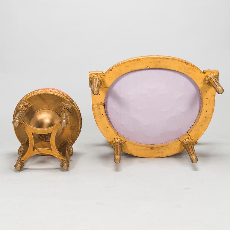 Armchair and stool, Louis XVI style, circa 1900.