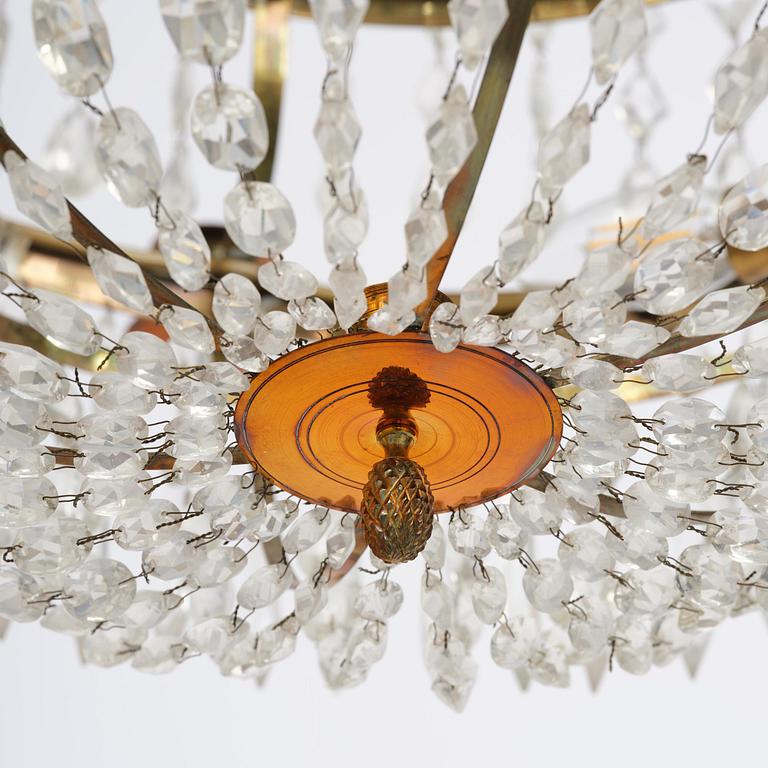 A late Gustavian gilt brass and cut glass seven-light chandelier, circa 1800.
