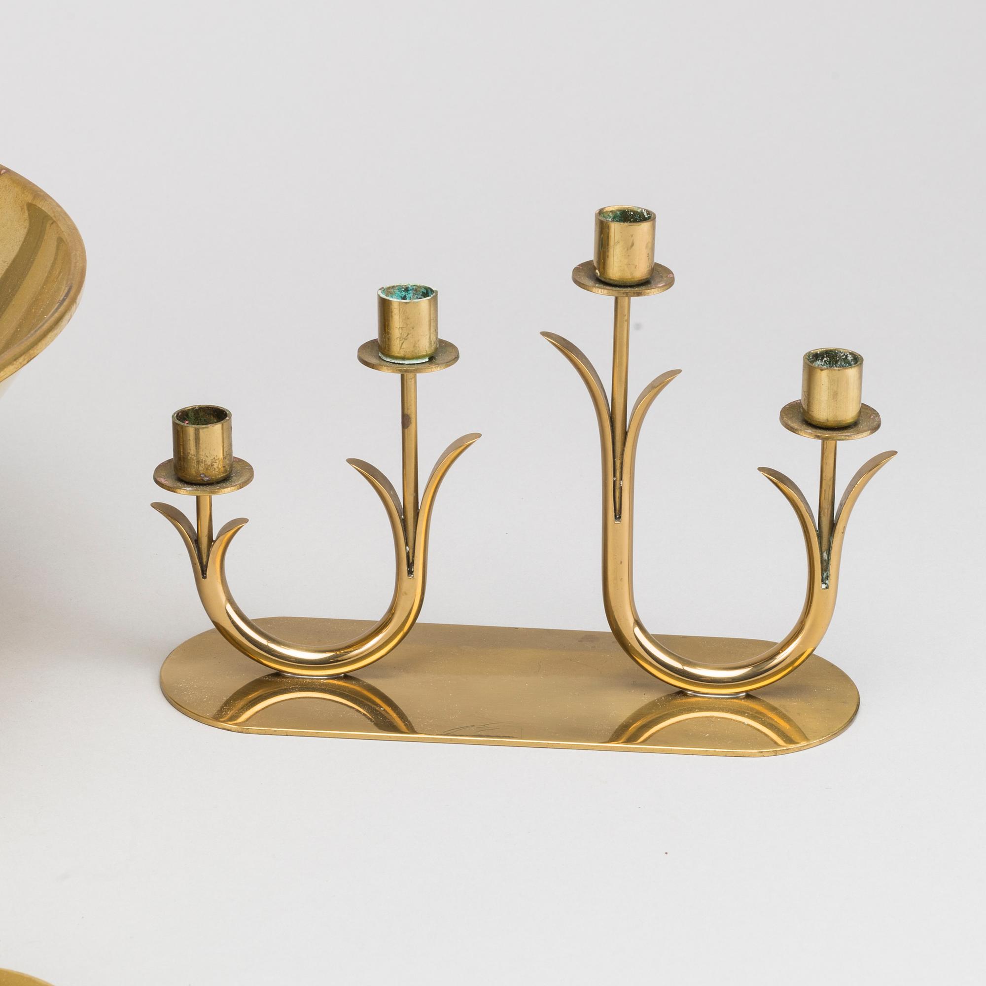 A mid 1950's Ysted Metall brass bowl and 3 candleholders-.