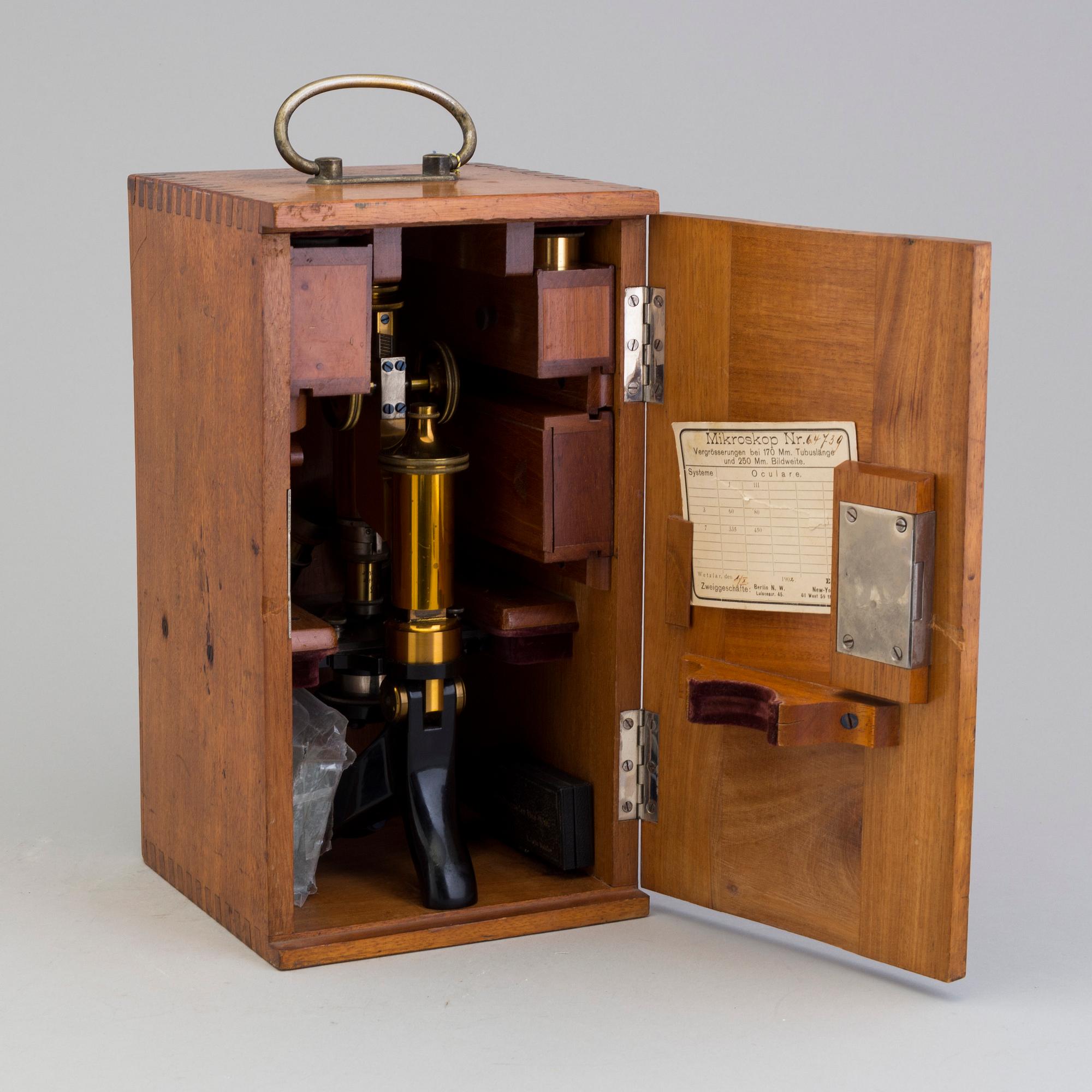 A microscope, signed E. Leitz, Wetzlar, marked and dated label Nr. 64739, 1902.