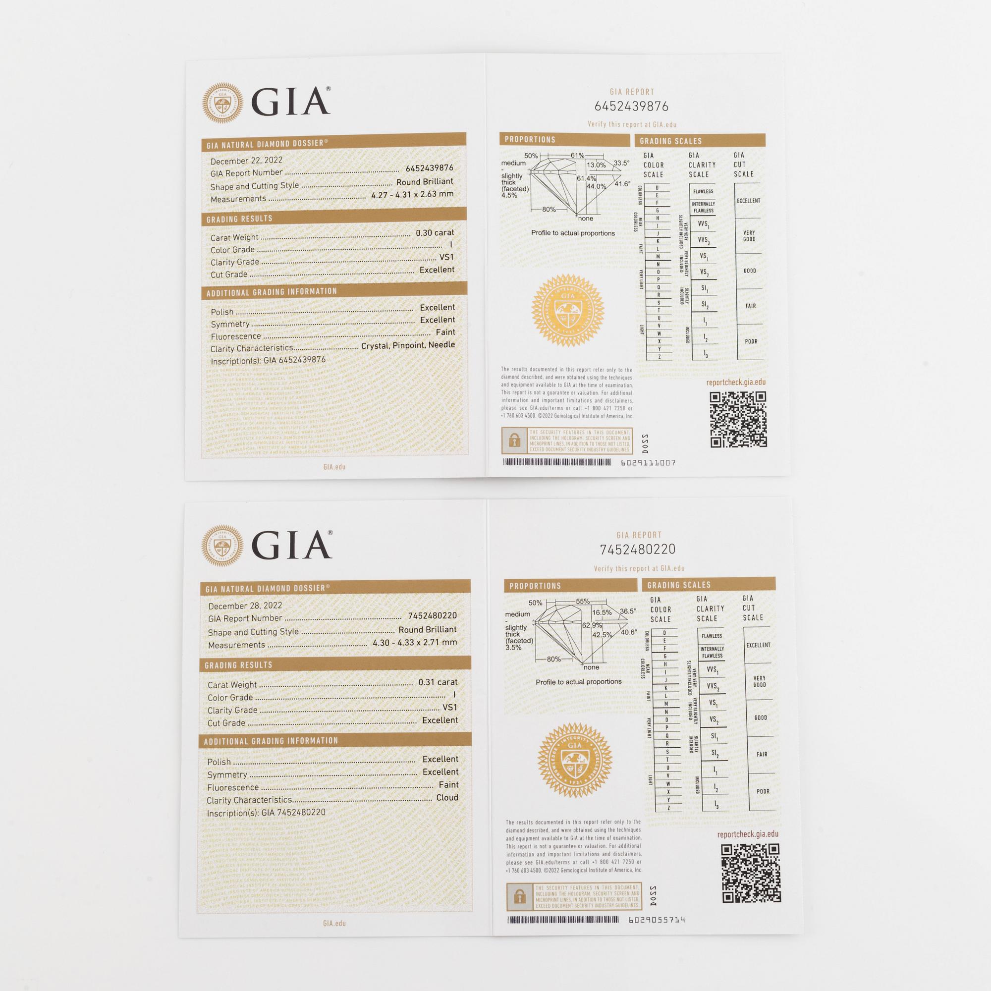 Örhängen, med  briljantslipade diamanter 0.61 ct, "triple x" med GIA dossier.