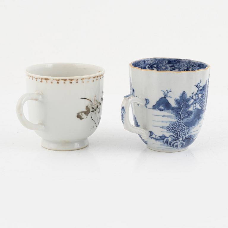 Two Chinese export porcelain cups with saucers, two cups, and a figurine, Qing Dynasty, 18th century.