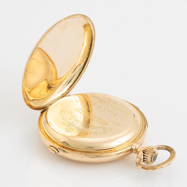 Lemania/Alfred Lugrin, fickur, 14K guld, savonett, "Minute repeater", kronograf, 59 mm.