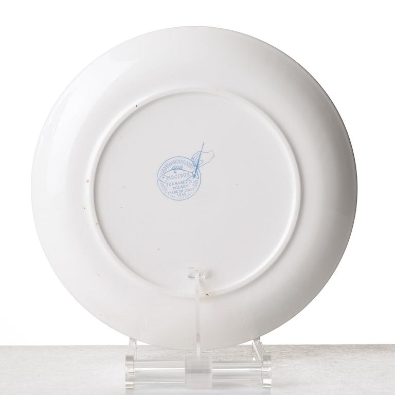 Piero Fornasetti, a set of six "Piscibus" porcelain plates, Milano, Italy.
