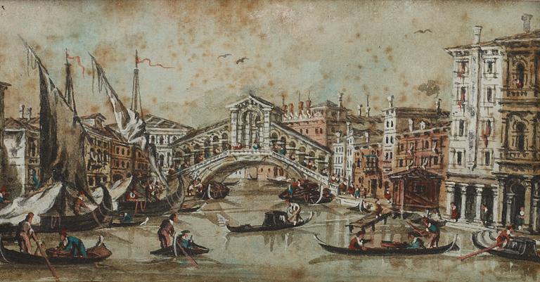 Giacomo Guardi Attributed to, Motif of Venice with Rialto Bridge, a pair.