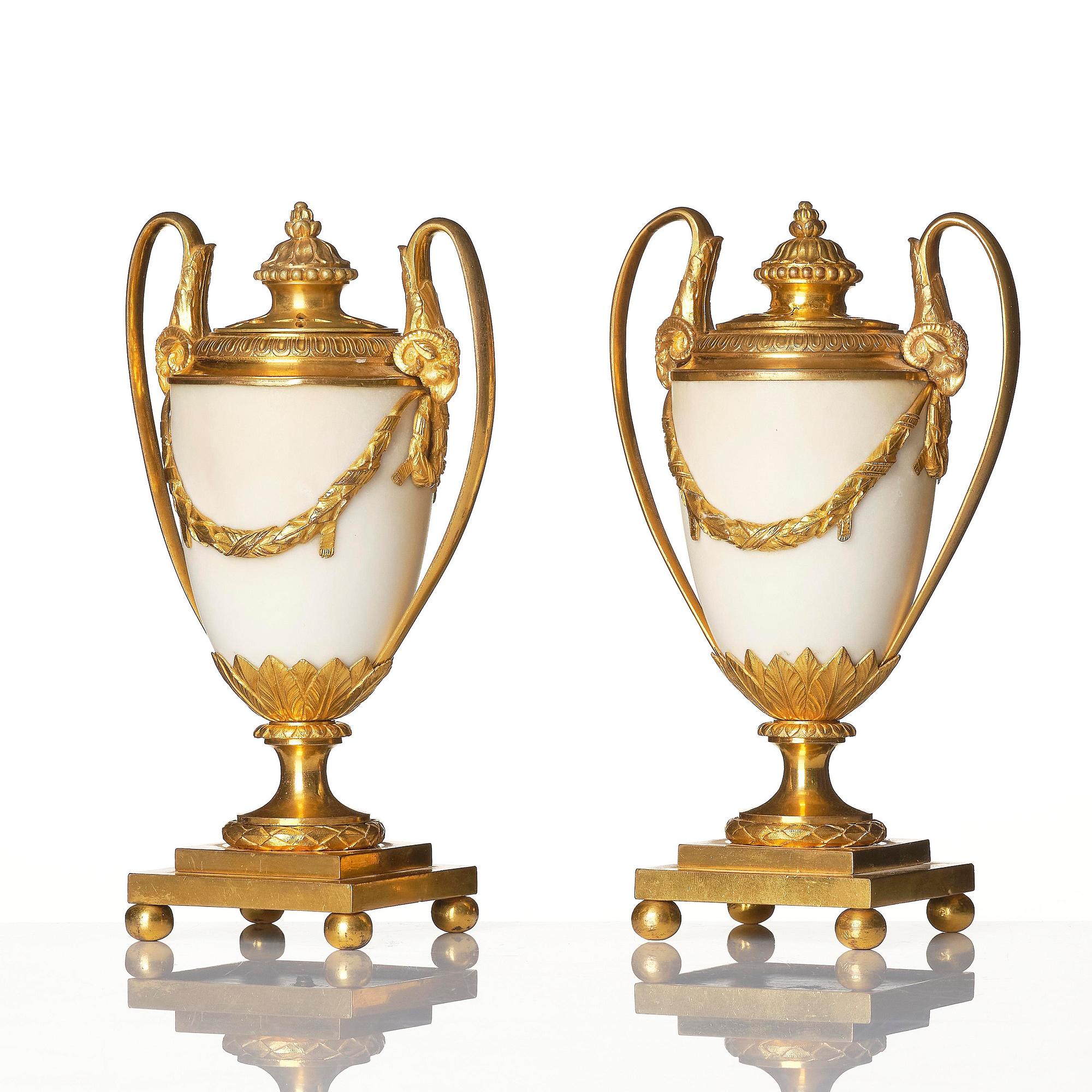 A pair of George III ormolu-mounted and white marble brûle-parfums by Matthew Boulton,  1770s.