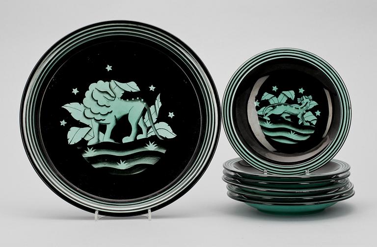 FAT OCH ASSIETTER, 6 delar, flintgods, Ilse Claesson, Rörstrand, art deco, 1920-tal.