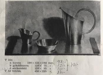 Ulla Fogelklou-Skogh, kaffeservis, 3+1 delar, tenn och mässing, Ystad Tenn, 1930-tal.