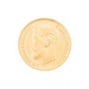 Gold coin, Nicholas II, Russia, 5 Rubles, 1899.