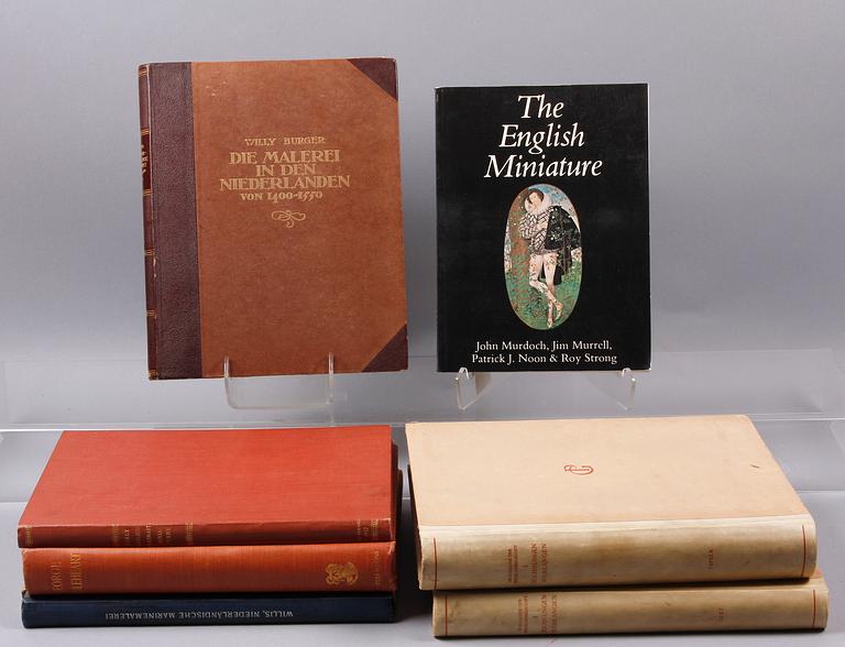 PARTI KONSTBÖCKER, 7 vol. Måleri, teckningar, engelska miniatyrer.