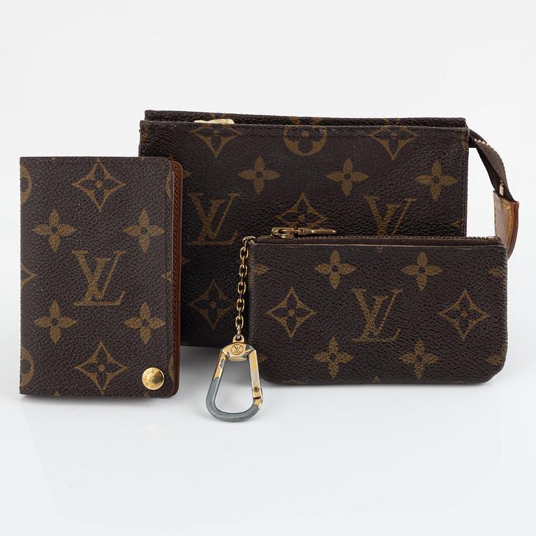 Louis Vuitton, toiletry bag, card holder, and key ring.