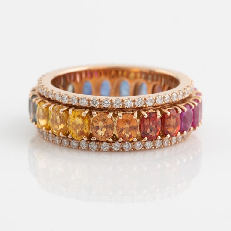 Multi coloured sapphire and brilliant cut diamond ring.