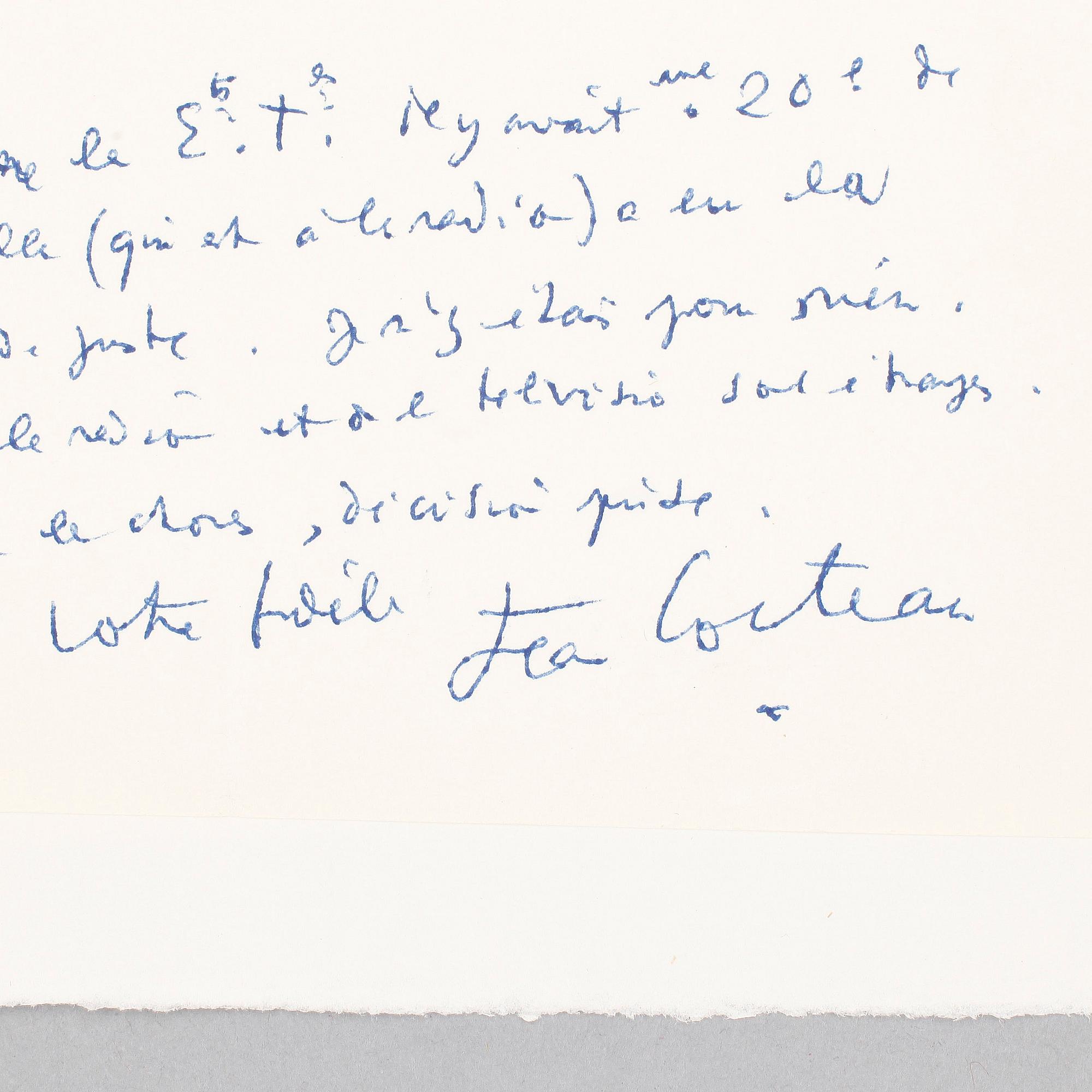 JEAN COCTEAU (1889-1963), egenhändigt brev, sign o dat 14 oct med otydligt år.