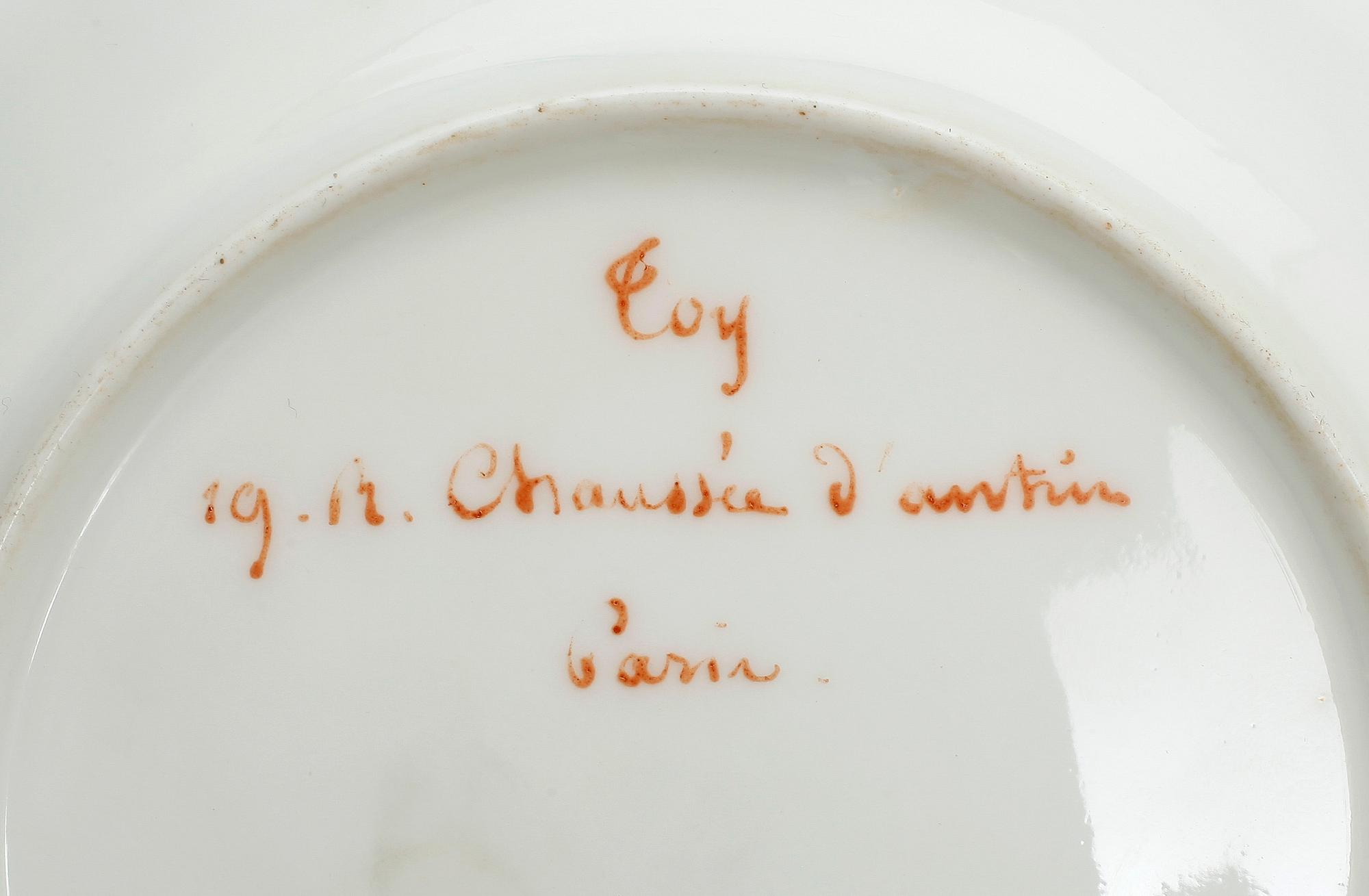 TEKOPPAR, 2 st, porslin, Oskar II's monogram, märkta Toy, Chaussee d'Antin, Paris undertill, sent 1800-tal.