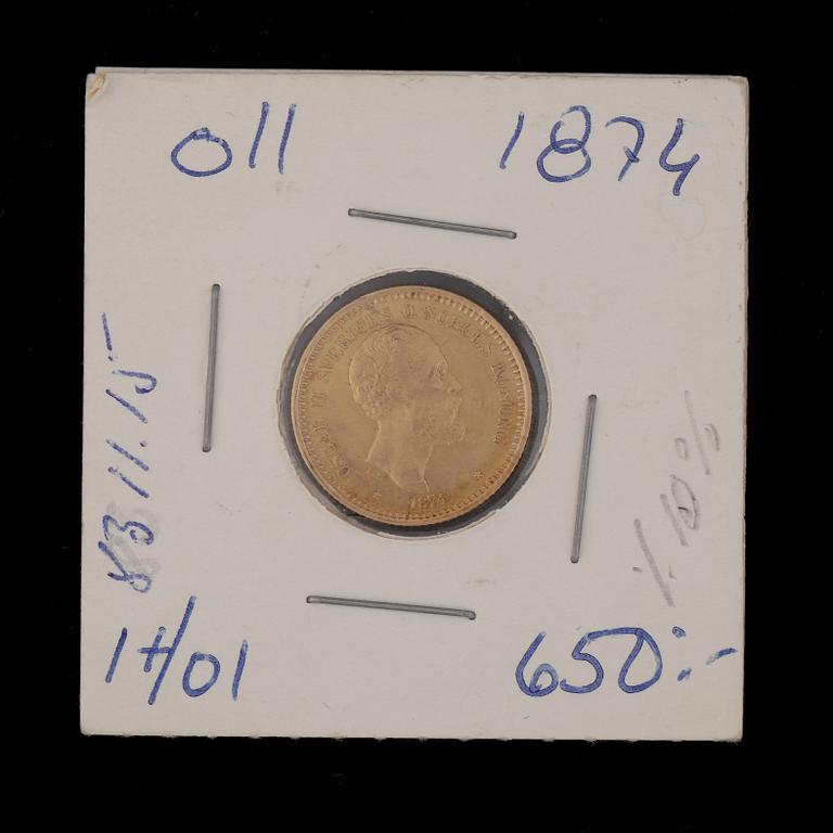 GULDMYNT, 10 kronor, Oscar II, 1874. Vikt ca 4,5 gram.