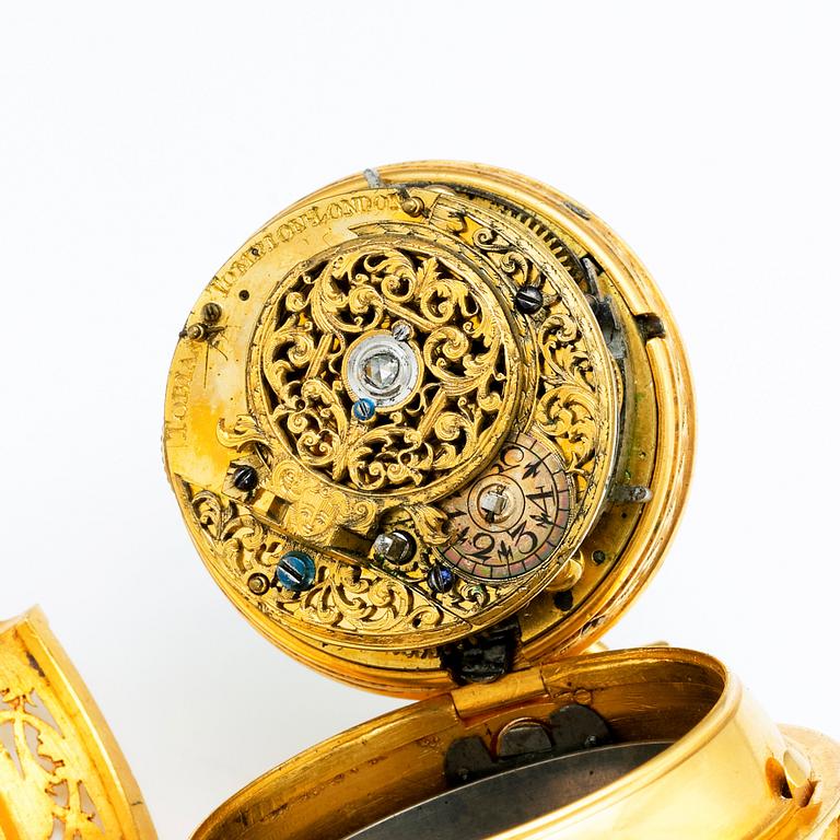 A gold watch, the movment signed Tobias Tompion, London, "Quarter Repeating", possibly early 1700´s.
