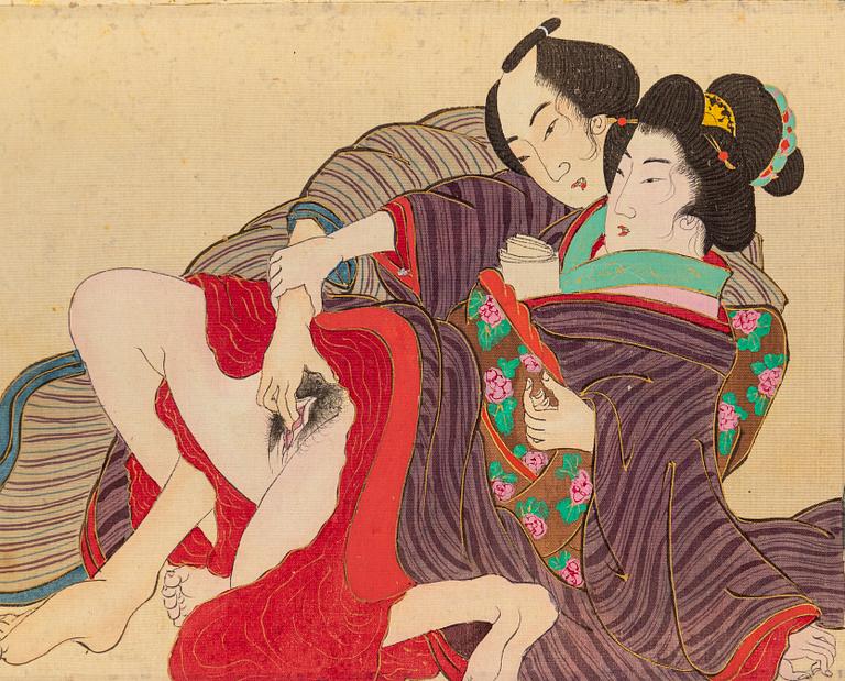 A makimono shunga scroll, ink and color on silk, Meiji (1868-1912).