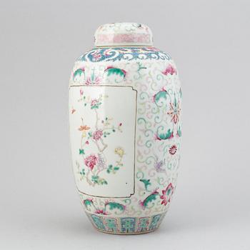 A chinese famille rose lotus jar with cover, 20th Century.