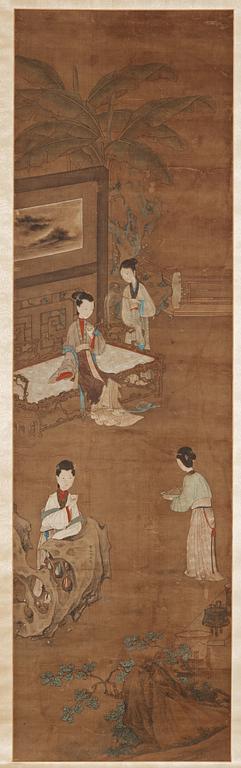 A hanging scroll of a garden scenery with ladys and maids, in the style of Qiu Ying, Qing dynasty, 19th century.