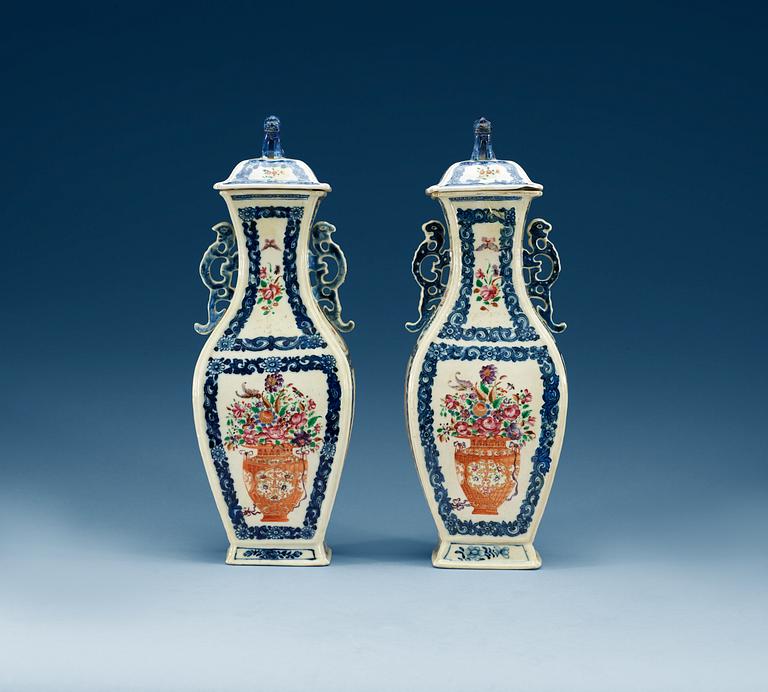 A pair of famille rose vases with covers, Qing dynasty, Qianlong (1736-95).