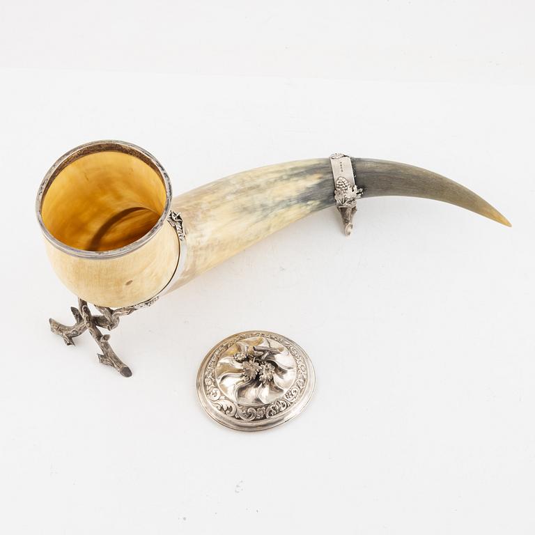 Drinking horn, horn and silver, Samuel Petterson & Carl Olof Holm, Linköping, Norrköping, 1854-63.