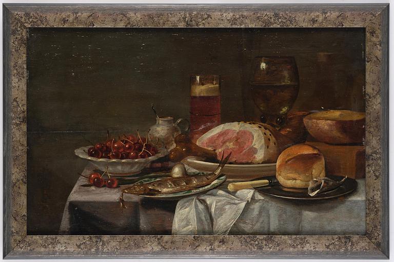 Vincent Laurensz. van der Vinne, Still life with fish, ham, bread, cherries, and glass.