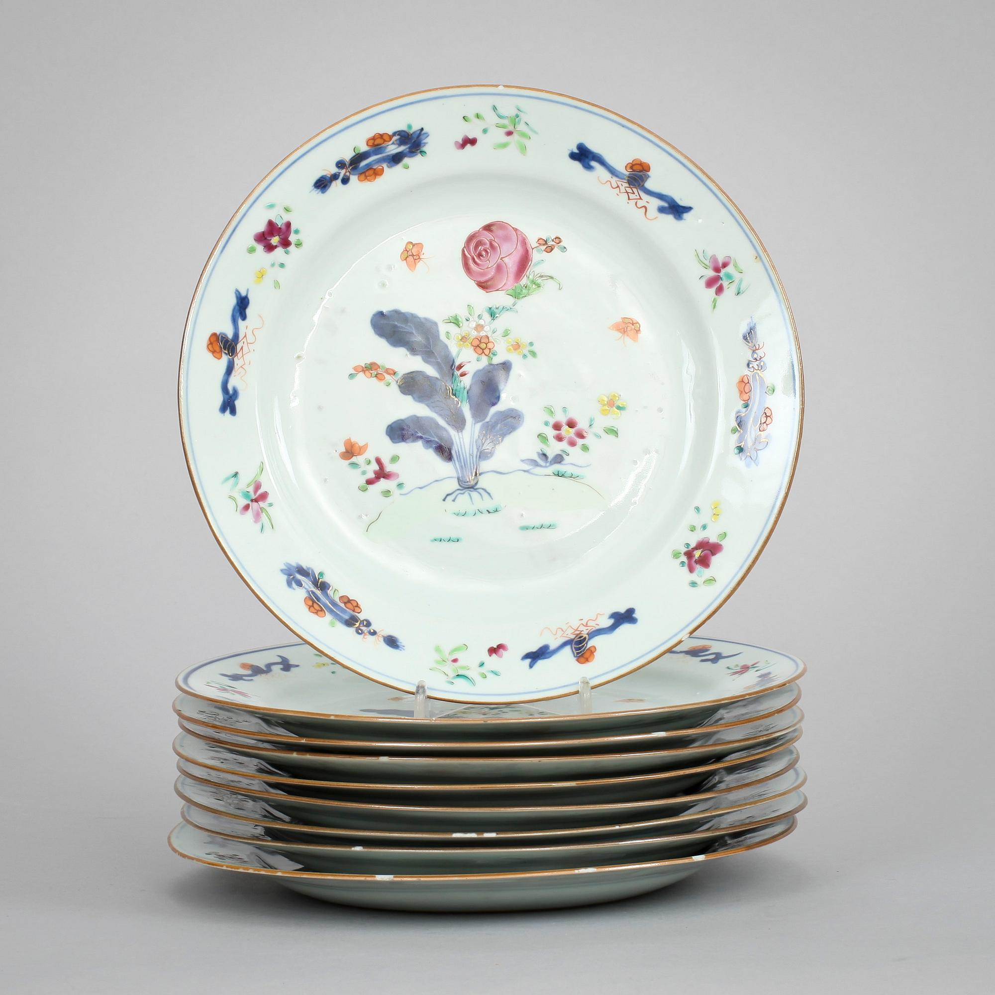 TALLRIKAR, 9 st, kompaniporslin.  Kina, 1700-tal, Qianlong.