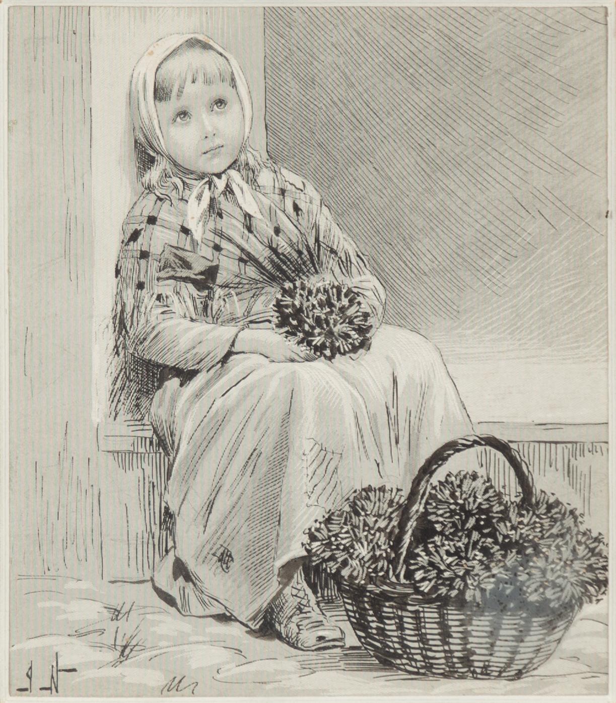 Jenny Nyström, Flicka med blommor, skrapkartong och tusch, monogramsignerad.