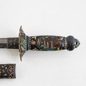A japanese Ken-style sword with scabbard and handle in cloisonne with floral and animal motives, probably Meiji period.