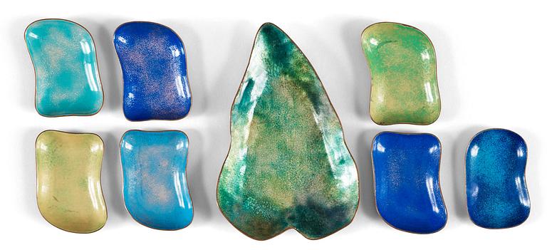 A set of eight Paolo de Poli enamelled copper dishes, Italy 1950's-60's.