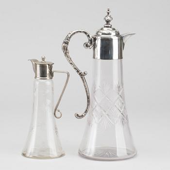 KANNOR, 2 st, nysilver och glas, omkring 1900.