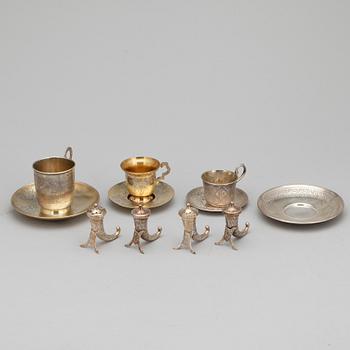 PARTI SILVER, 7 delar, bla Moskva Ryssland, 1800- resp 1900-tal. Totalvikt ca 515 gram.
