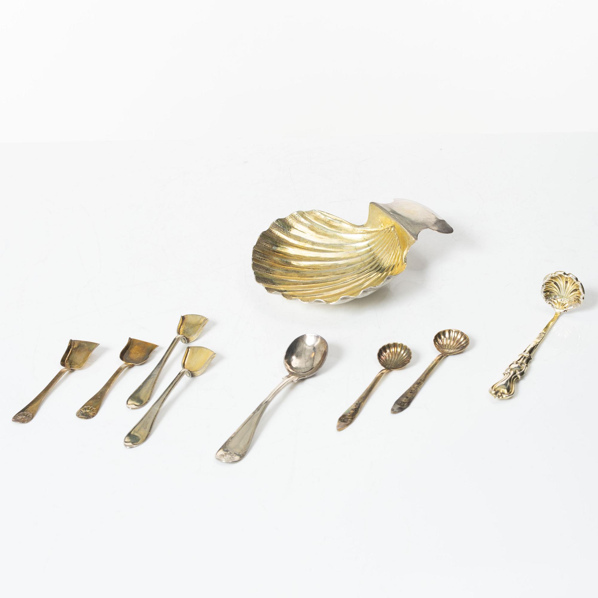 Butter dish, three pairs of salt spoons, and two mustard spoons, Sweden, 19th Century.