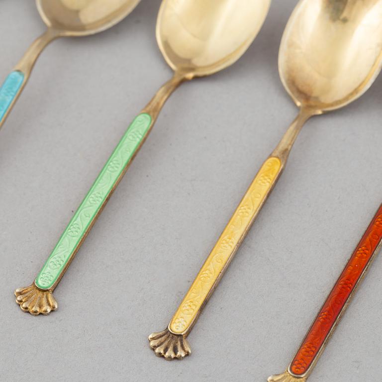 24 silver gilt and enamel coffee spoons, Norway, mid-20th century.