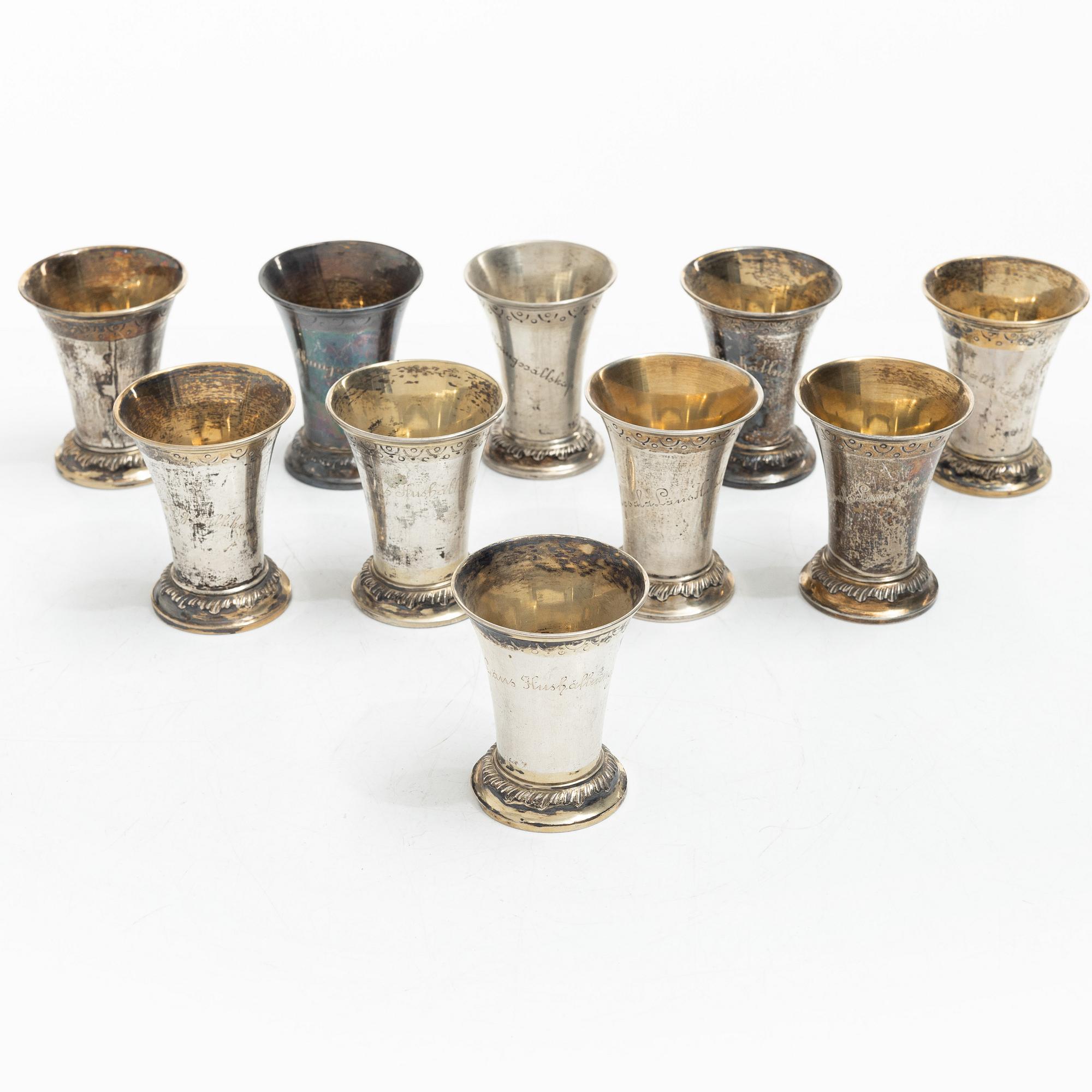 Ten Swedish silver beakers, mark of KG Markströms, Uppsala, some 1905.