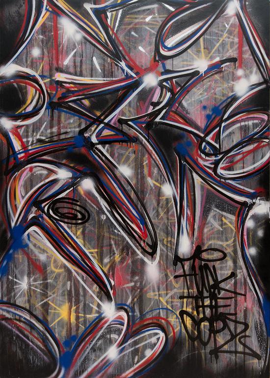 Trama, mixed media and spray paint on board, a tergo signed.