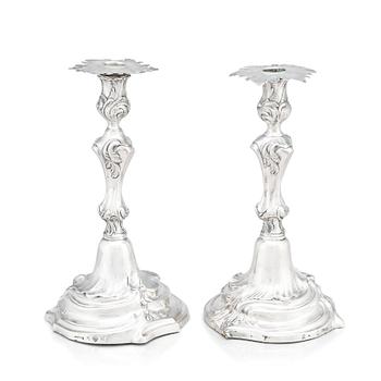 219. Two Swedish Rococo silver candlesticks, marks of Jakob Lampa, Stockholm 1764 and 1778.