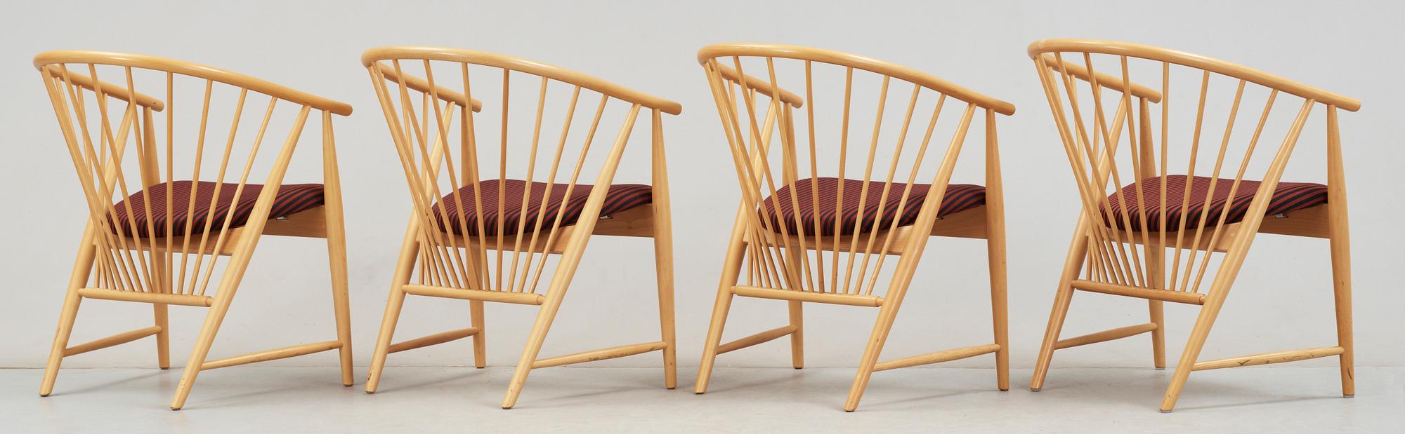 KARMSTOLAR, 4 st, "Solfjädern", Sonna Rosén, Gemla Möbelfabrik, formgiven 1948.