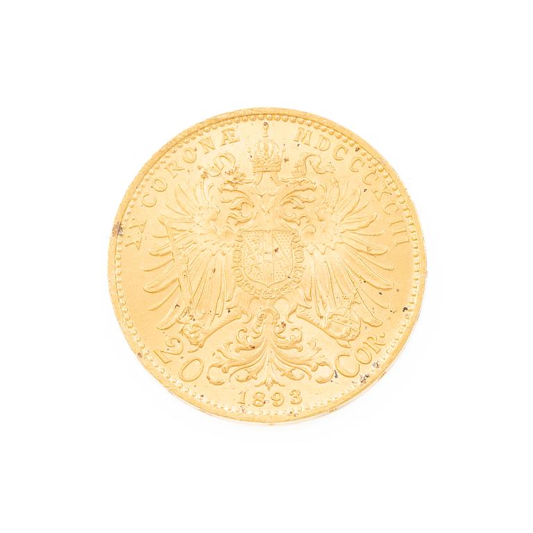 Guldmynt, Österrike-Ungern, 20 Corona, 1893.