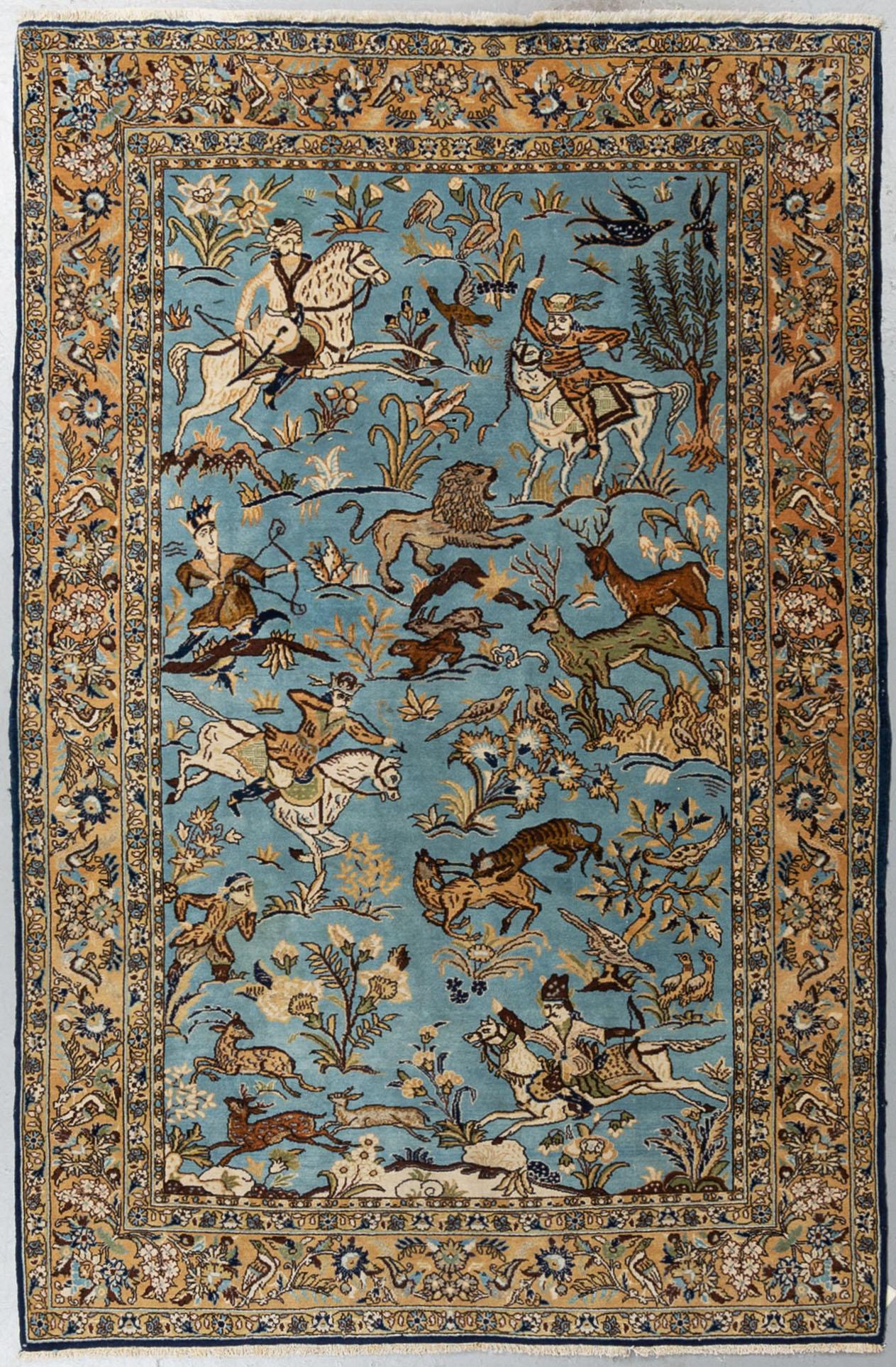 Matto, old Qum figural part silk, ca 213 x 135,5-139 cm.