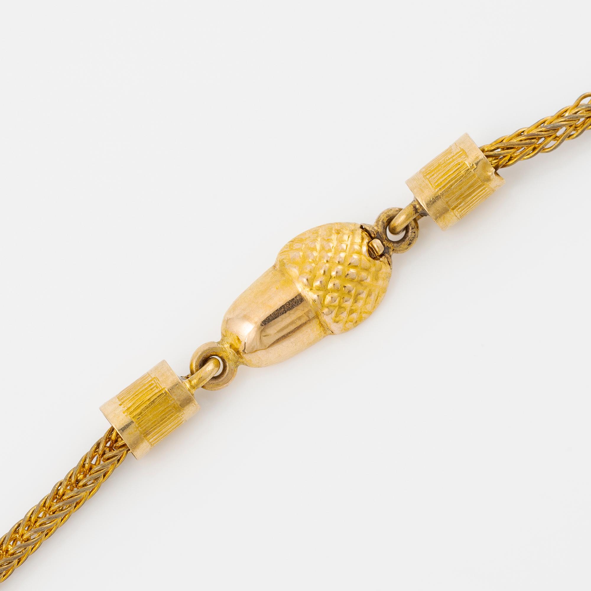 Collier, 18K guld med filigranarbete med halvpärlor och måleri, kedja 18K guld.