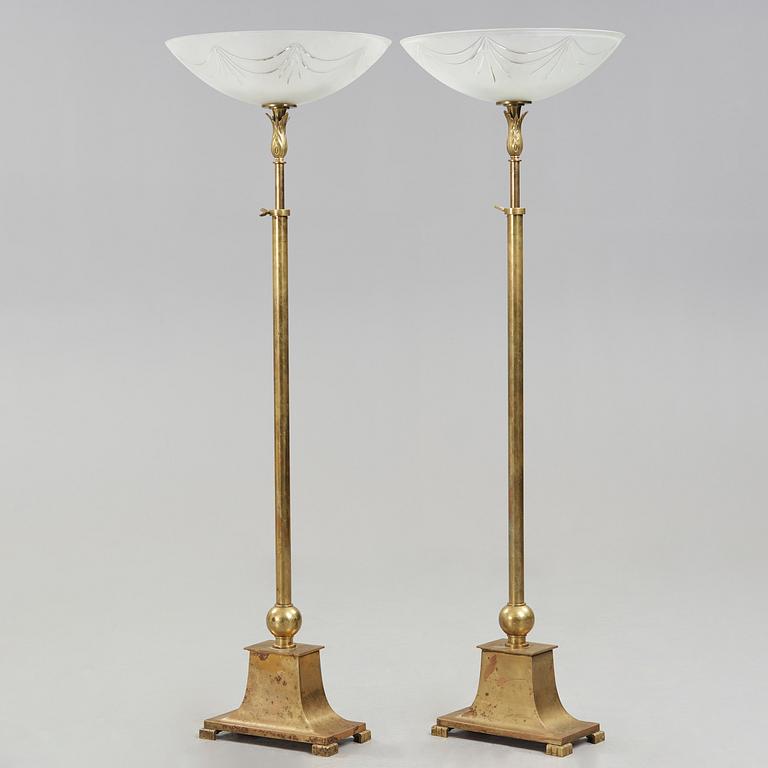 A pair of Swedish grace brass floor lights, 1920-30's.