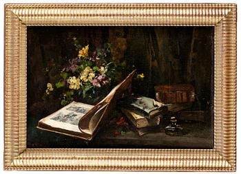 216. Antoine Vollon, Stilleben med blommor och böcker.