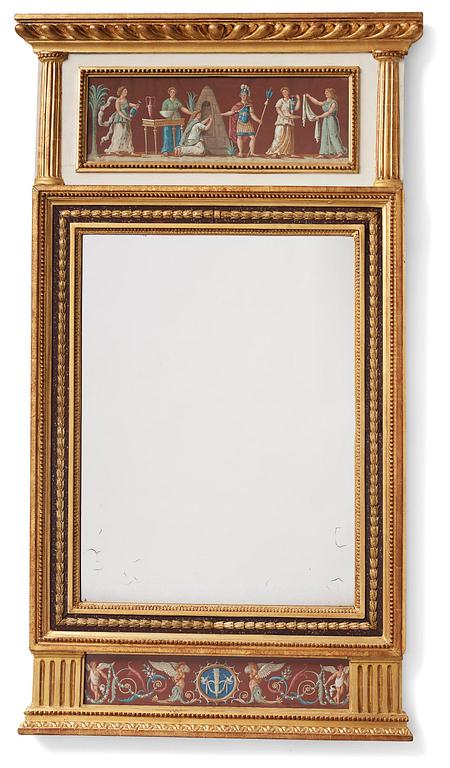 A late Gustavian giltwood, faux-porphyry and gouache-inset mirror attributed to Hedberg & Lindblad (Stockholm 1802-05).