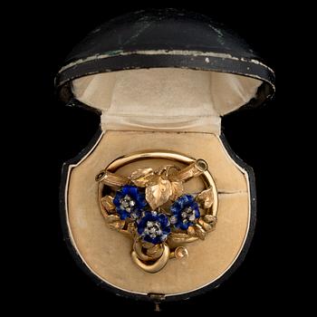 BROSCH, 18K guld, rosenslipade diamanter, emalj.