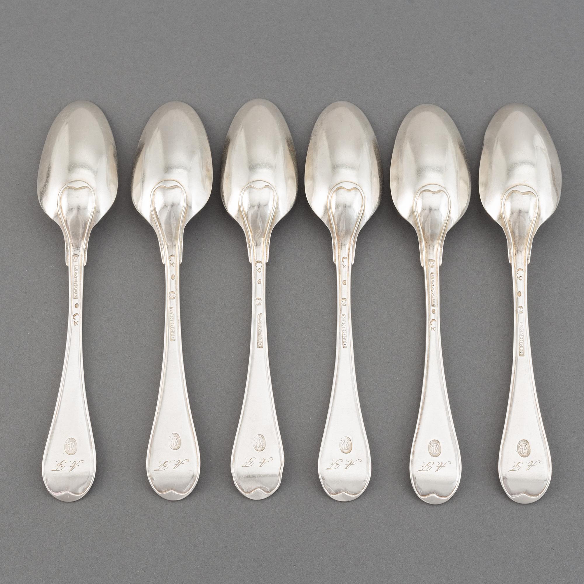 A set of six Swedish 18th century silver spoons, maker's mark Petter Eneroth, Stockholm, 1785.