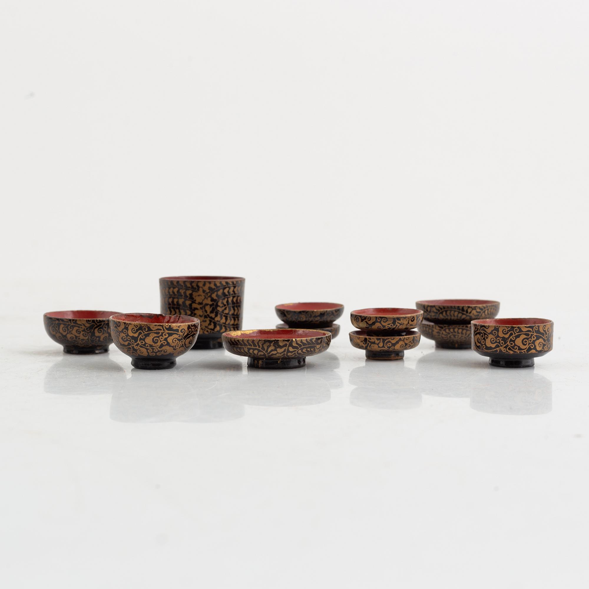 Doll, doll furniture, and table screen, Japan, wood, lacquer and paper, partly Showa, 20th century.